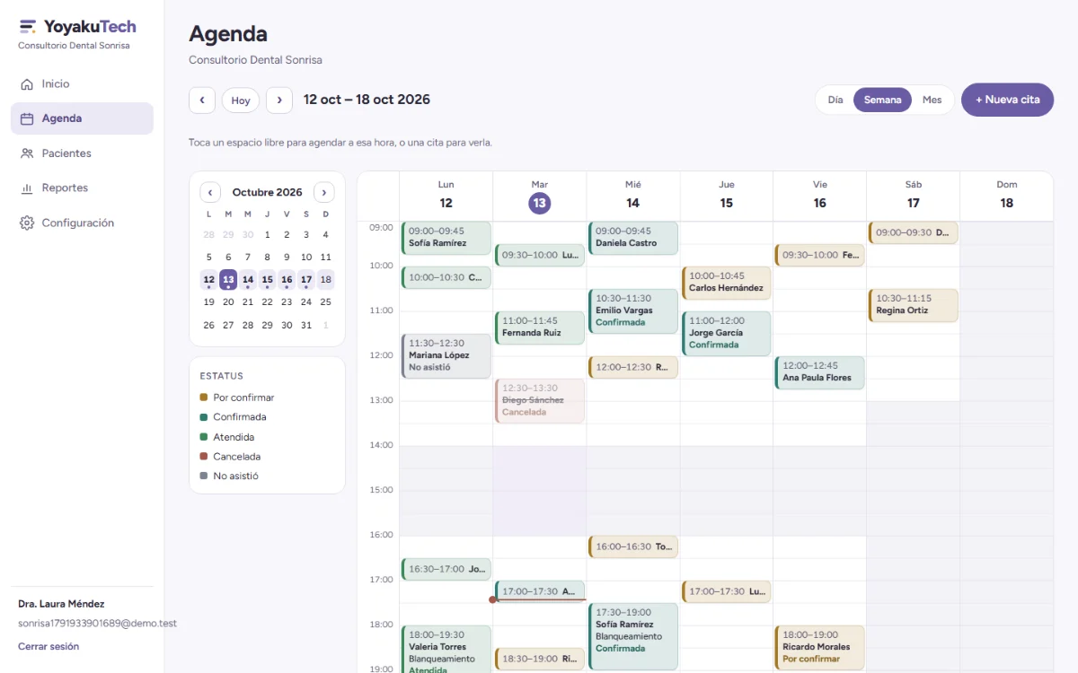 Agenda semanal con las citas en colores según su estatus