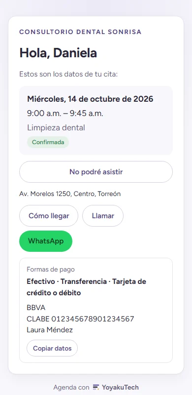 La página de la cita en el celular del paciente: fecha, hora, servicio, cómo llegar y formas de pago