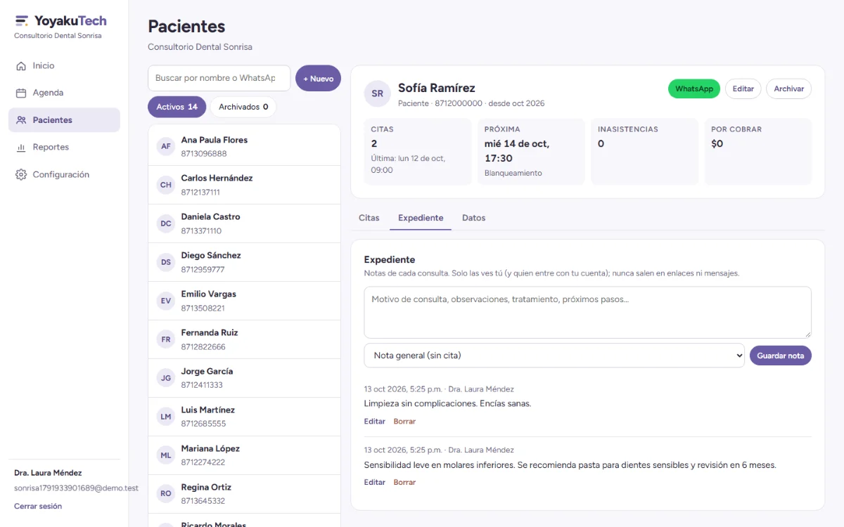 Ficha de una paciente con sus citas, próxima cita y notas del expediente